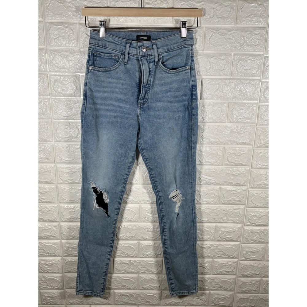 Express Womens Jeans Size 4R Light Wash High Rise Ripped Distressed Skinny Denim